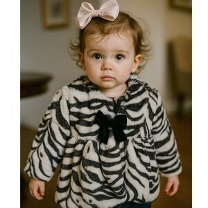 Pistachio Zebra Print‎ Faux Fur Coat Black Bow Accent Warm Cute 24 Months